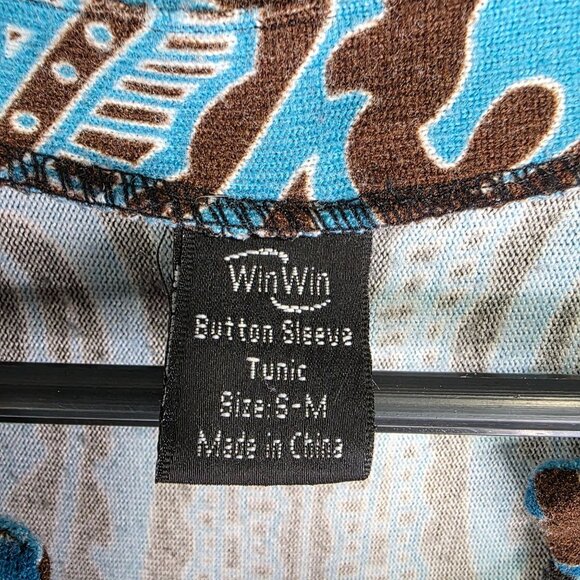 Womens Winwin Tunic Top Blue Brown Paisley Print V Neck Roll Tab Sleeve S/M - Picture 4 of 9